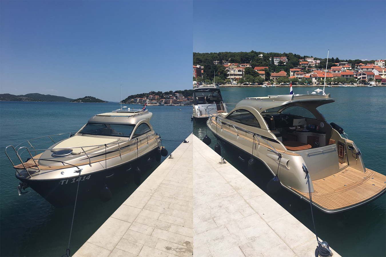 Pogled s pramca i krme na sportsku charter jahtu Mirakul 30 uz rivu