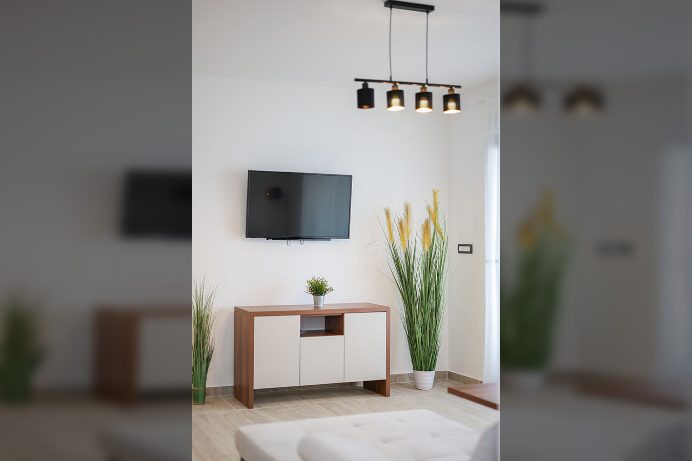 Moderan dnevni boravak s televizorom postavljenim na zid iznad elegantne drvene komode s bijelim frontama, ukrašen malom sobnom biljkom i visokim ukrasnim travama, odražava luksuzni smještaj